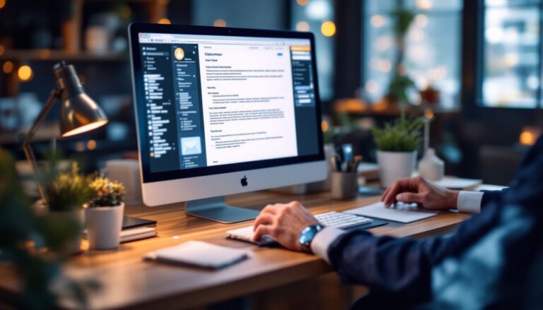 Professional man working on iMac at modern office desk