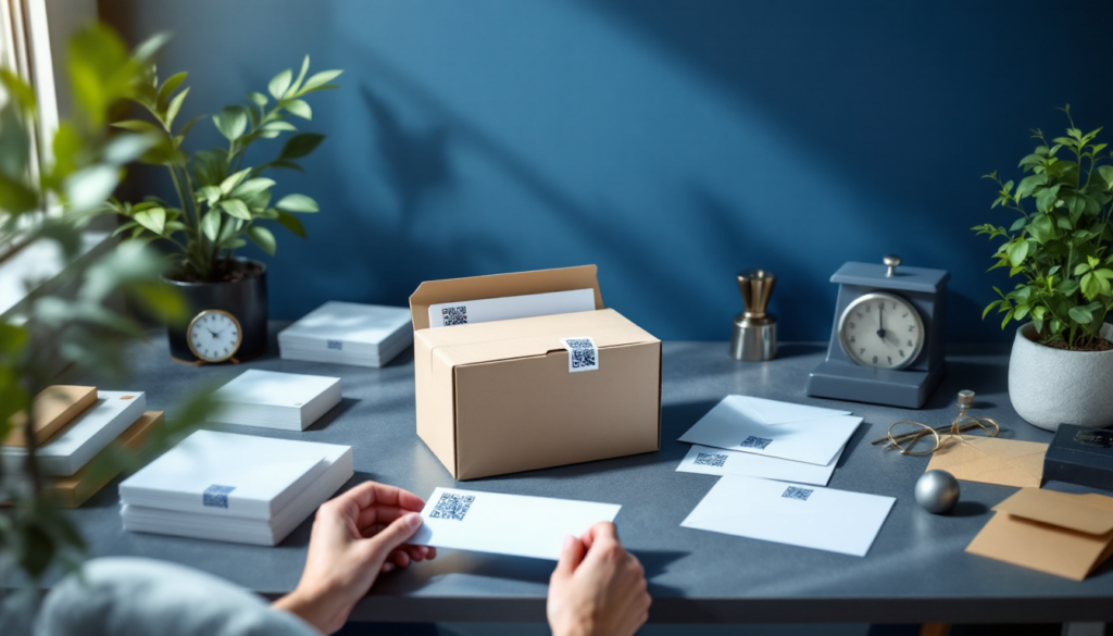 Person organizing envelopes and a box on desk.
