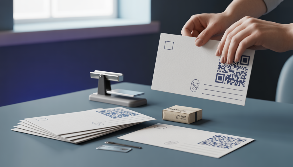 Hands holding QR-coded envelopes on a table.