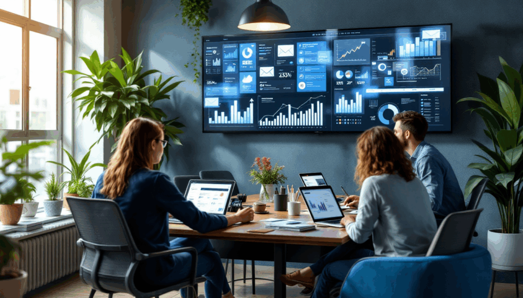 Team collaborating with data analytics in modern office