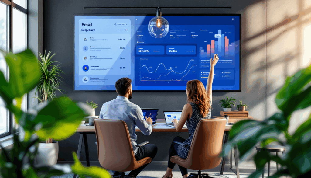 Business meeting with data visualization on screen.