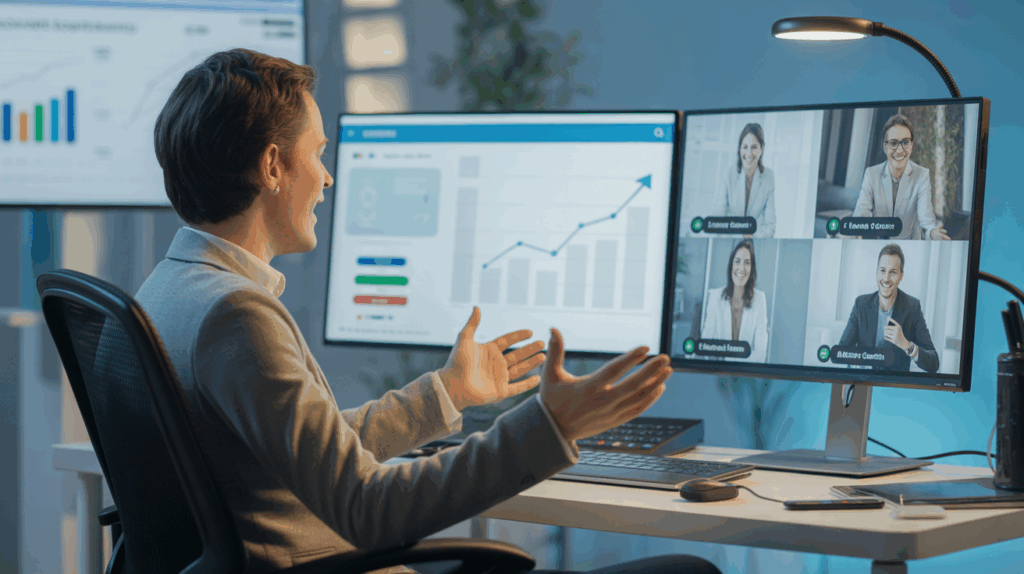 Person in video call discussing data graphs.