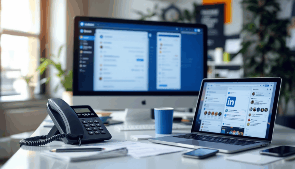 Office workspace with phone and computers.