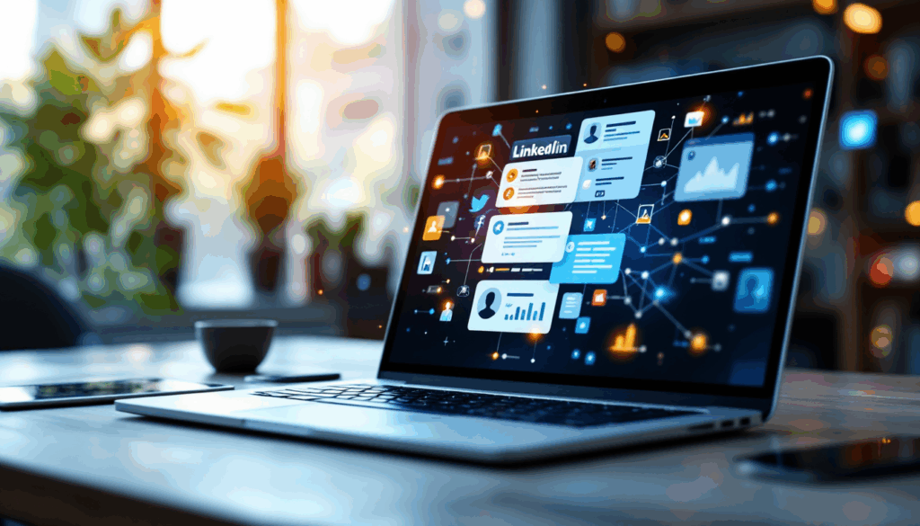 Laptop displaying social media notifications and data.