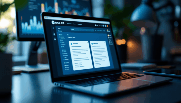 Laptop displaying email A/B testing interface.