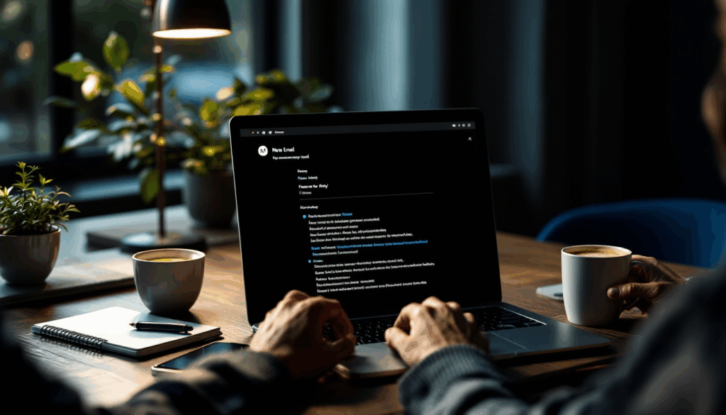Person working on laptop with coffee and plants.