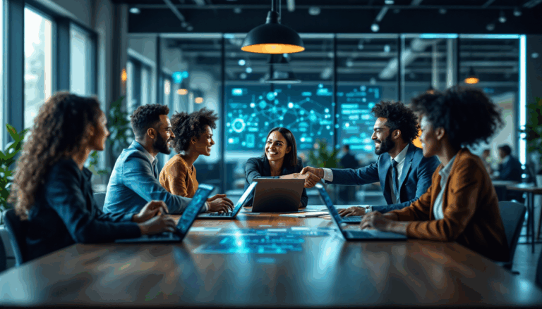 Diverse professionals collaborating in a modern office.
