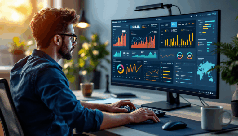 Person analyzing data on a large computer monitor.