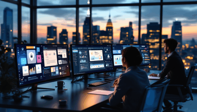 Professionals analyzing data with multiple monitors at sunset.