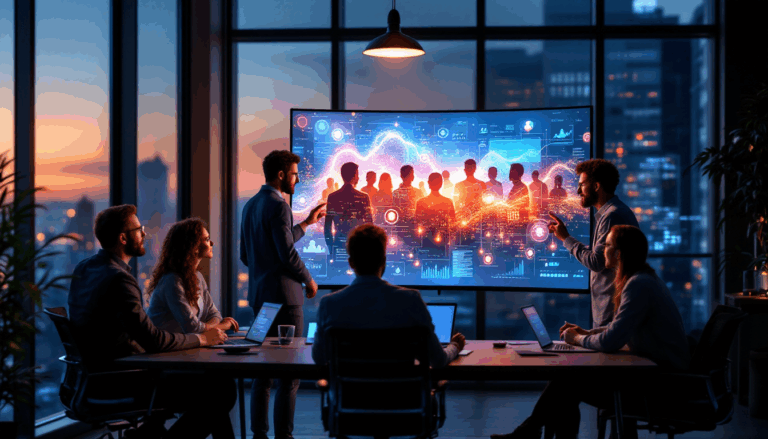 Team collaboration with data visuals in modern office.