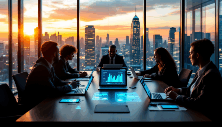 Business meeting with city skyline at sunset.