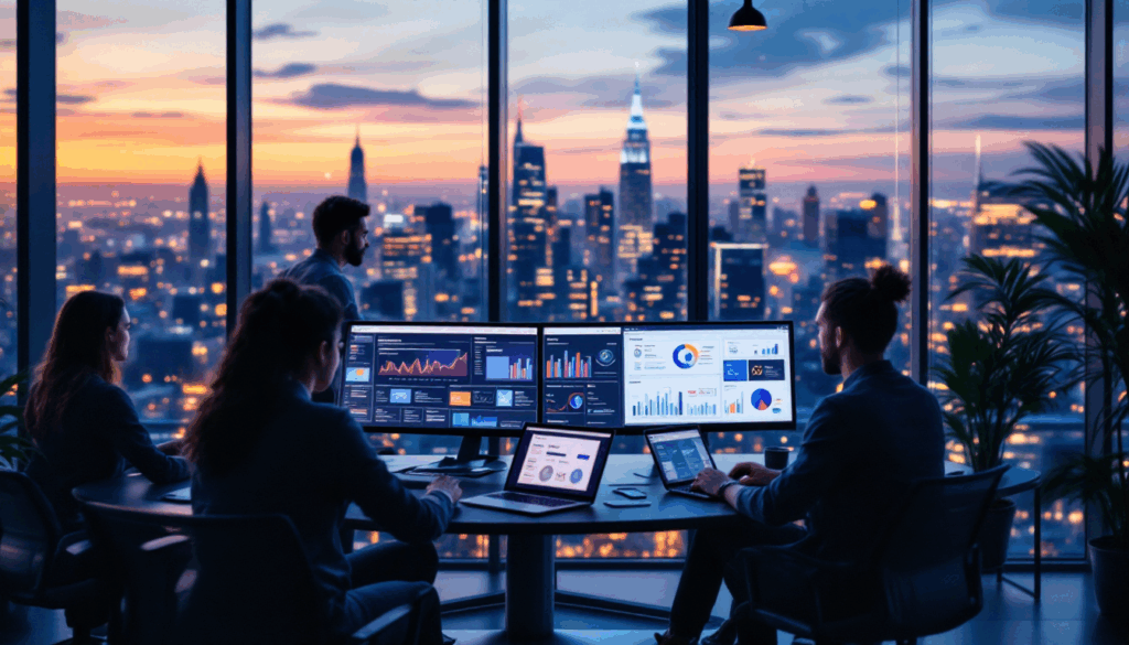 Team analyzing data with city skyline at dusk.