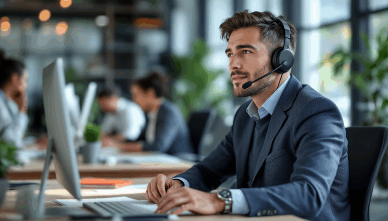 Man in headset working at a desk