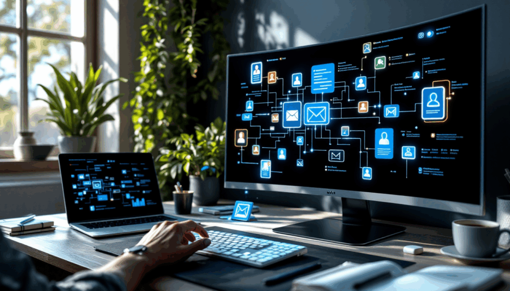 Person interacting with technology on desktop screens.