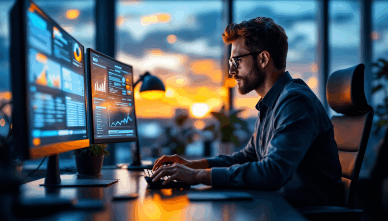 Man working on computer by sunset