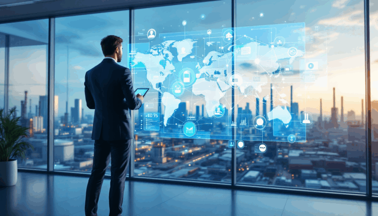 Businessperson interacting with digital world map.