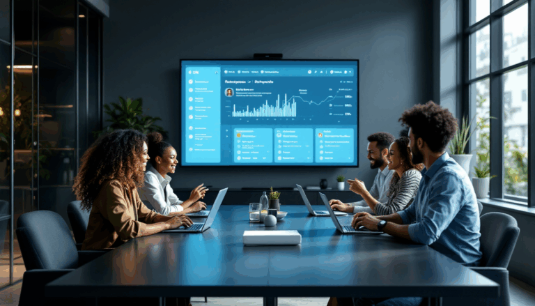 Team collaborating in a modern conference room