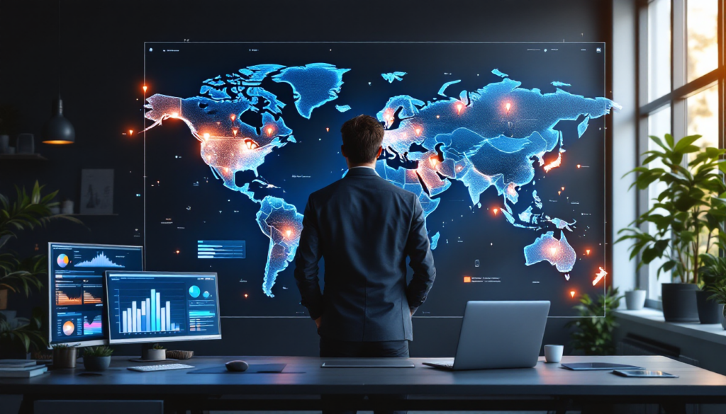 Businessman analyzing digital world map data display