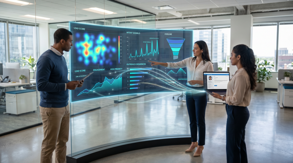 Team analyzing digital sales dashboard in modern office