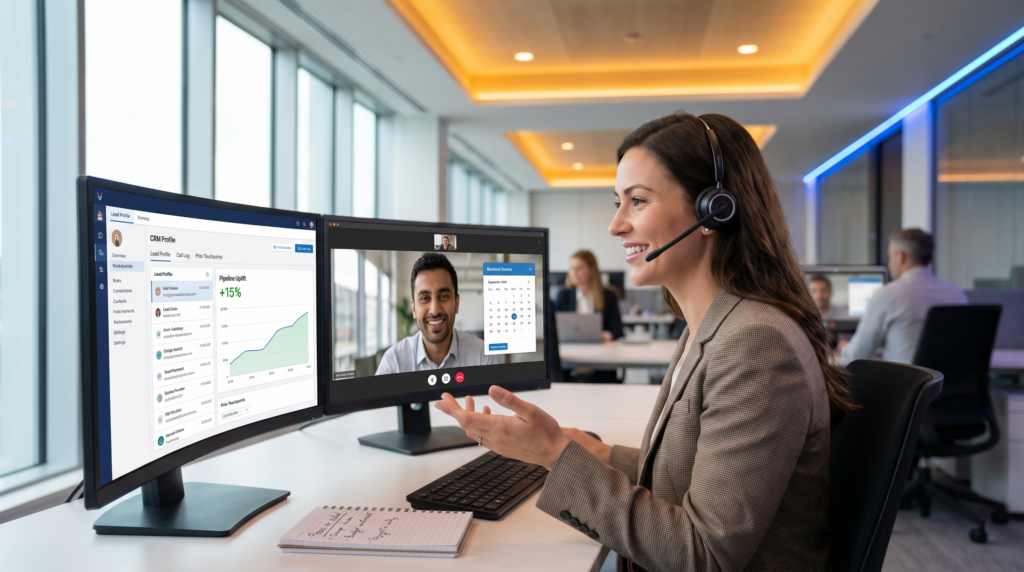 Customer service representative on video call at desk