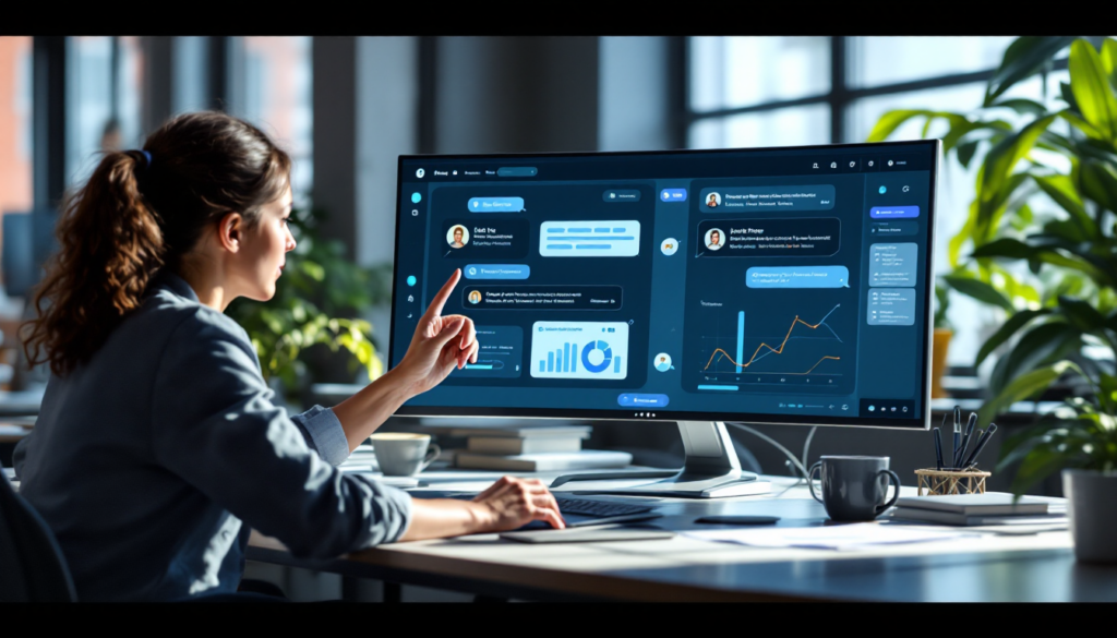 Woman analyzing data on large desktop monitor