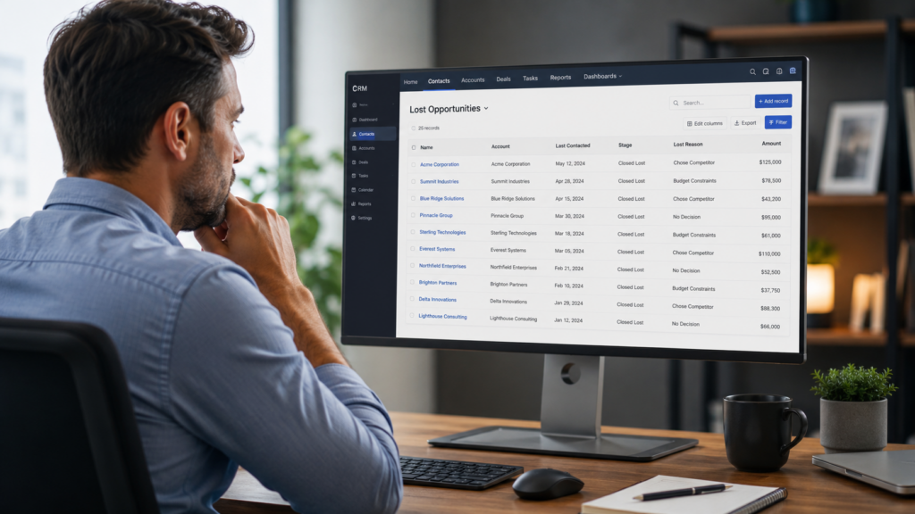 Man reviewing lost sales opportunities on CRM dashboard