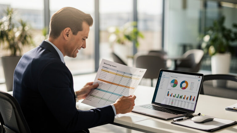 Businessman reviewing financial report beside laptop charts
