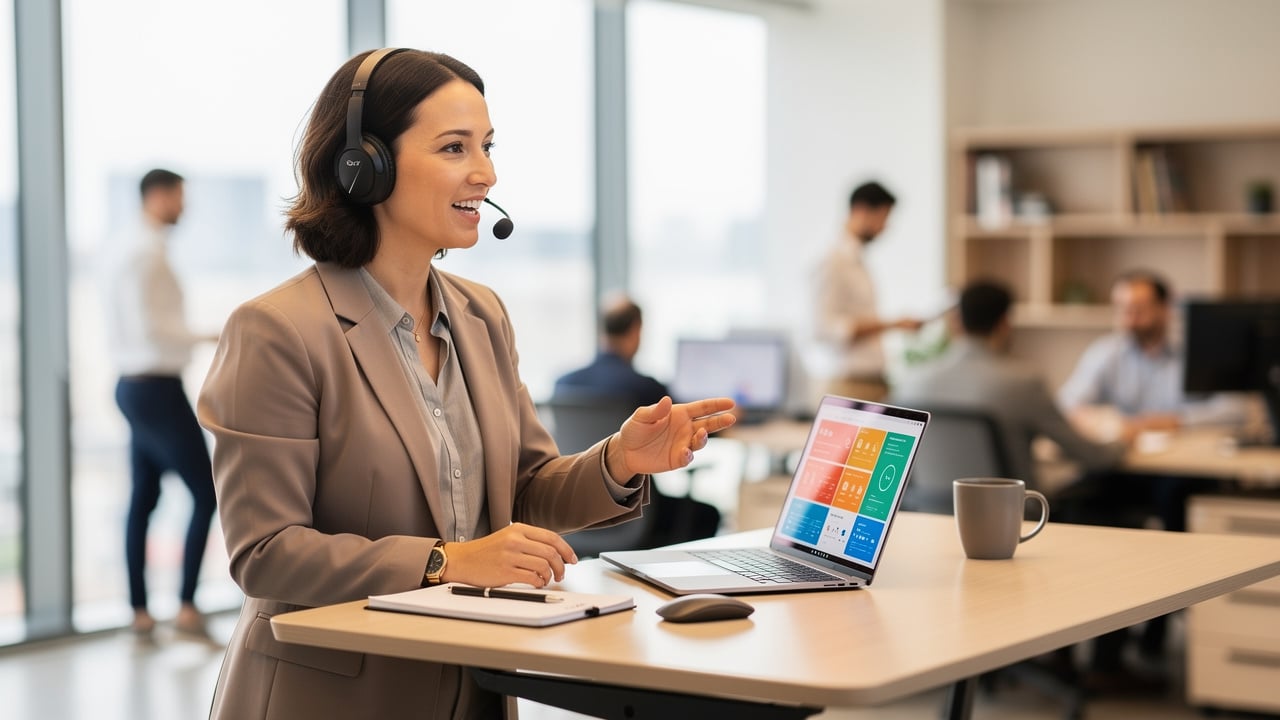 Professional B2B cold calling sales representative with headset