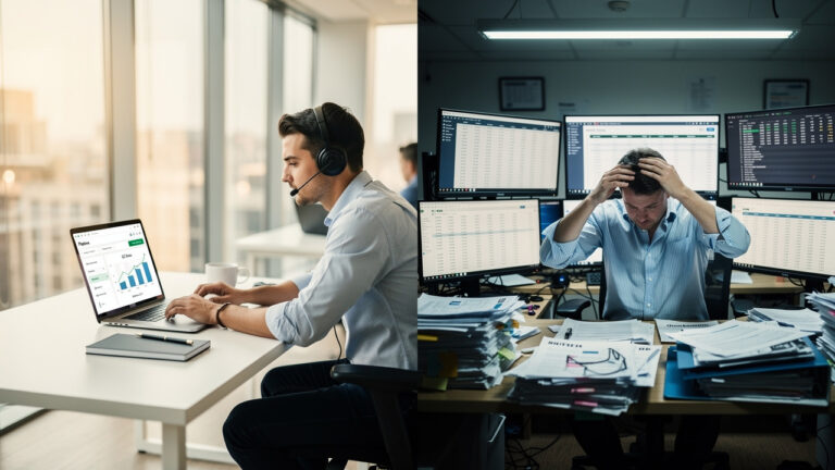 Calm worker and stressed trader at desks