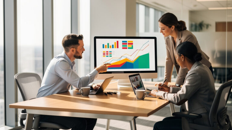 Team reviewing business charts on office computer