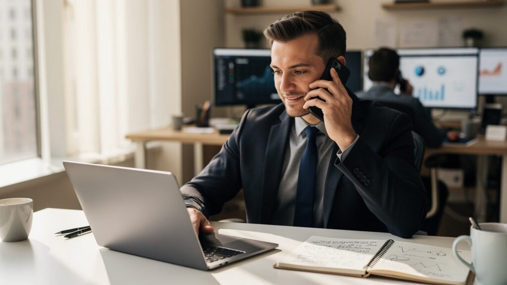 Businessman on phone using laptop in office
