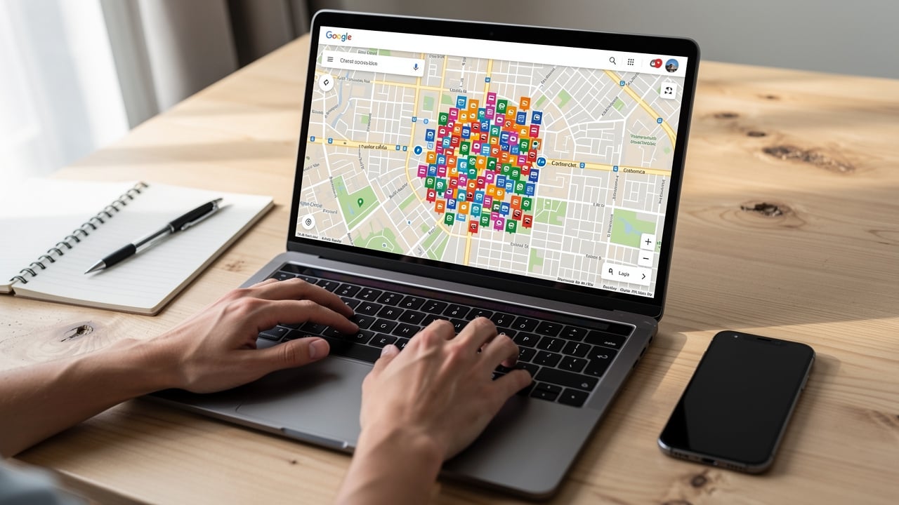 Researching local businesses using Google Maps on a laptop