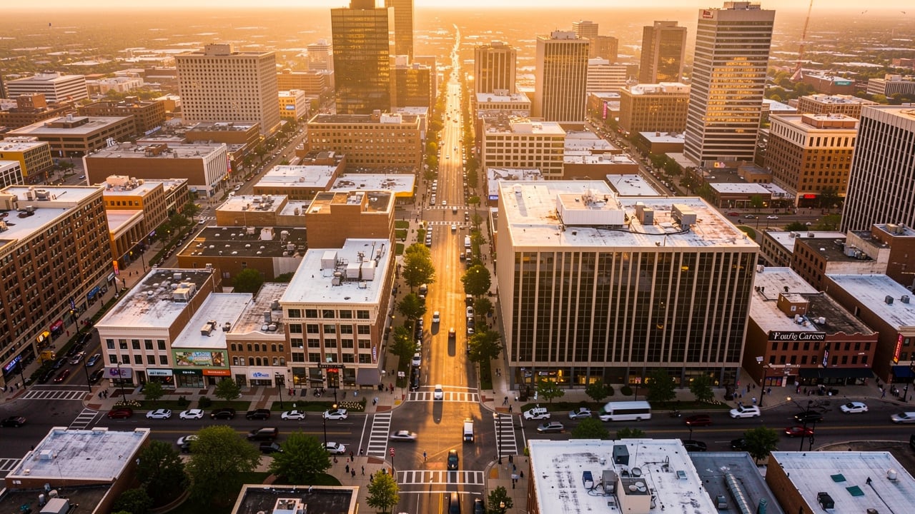 Aerial view of a local business district in an American city