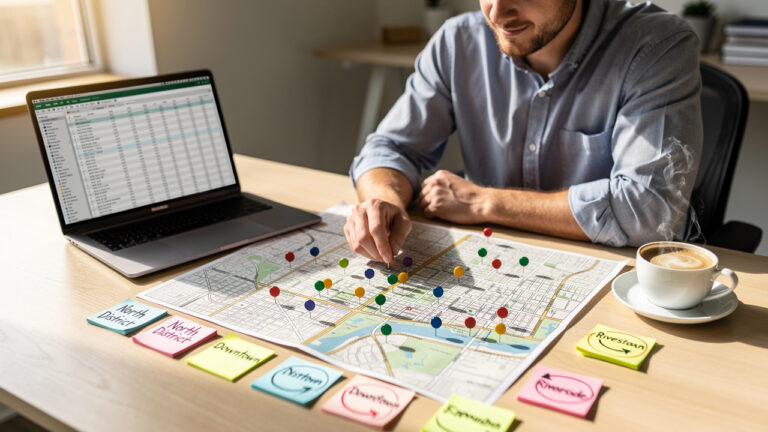 Man analyzing city map with pins and laptop