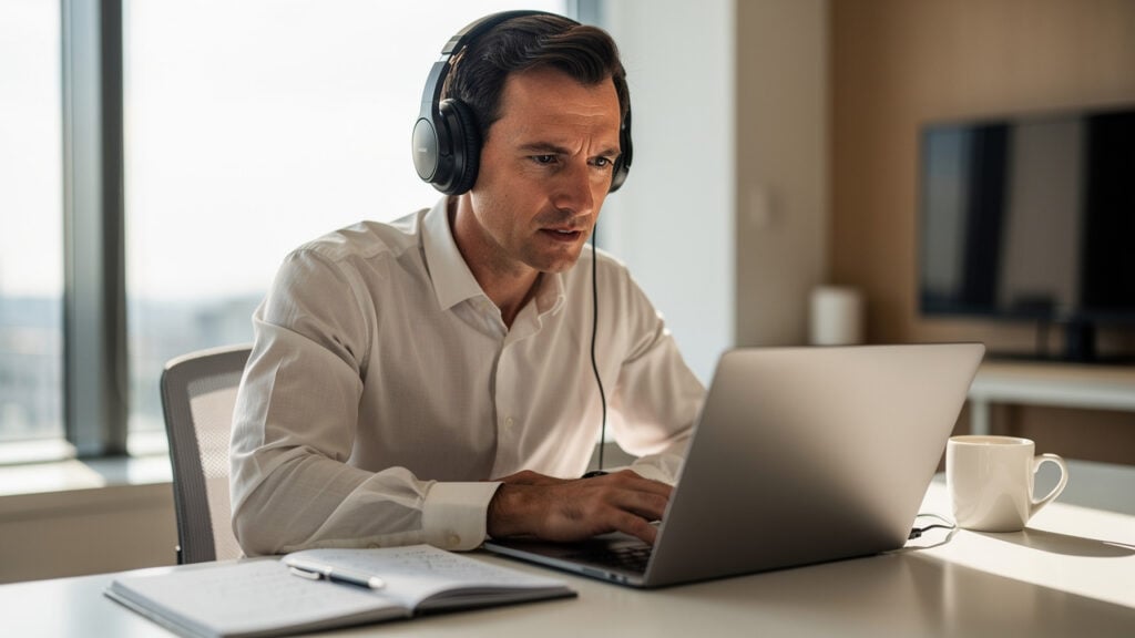 Man wearing headphones working on laptop at desk