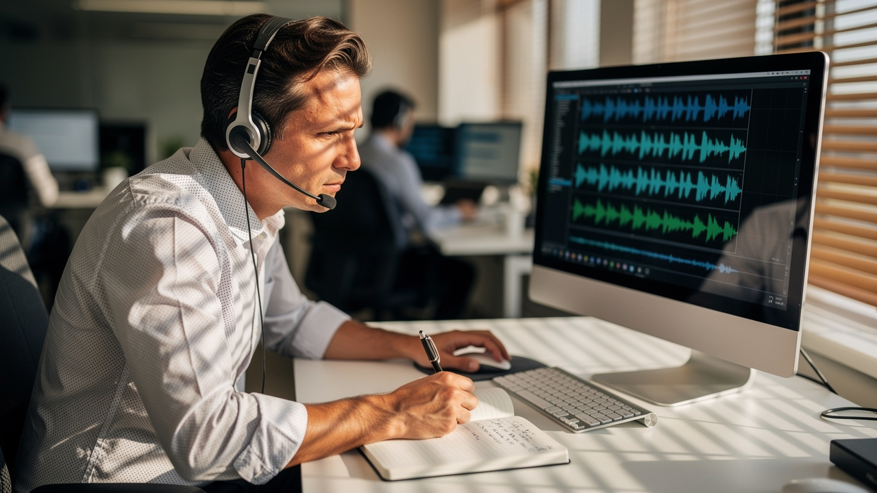 Sales rep analytically reviewing a recorded sales call