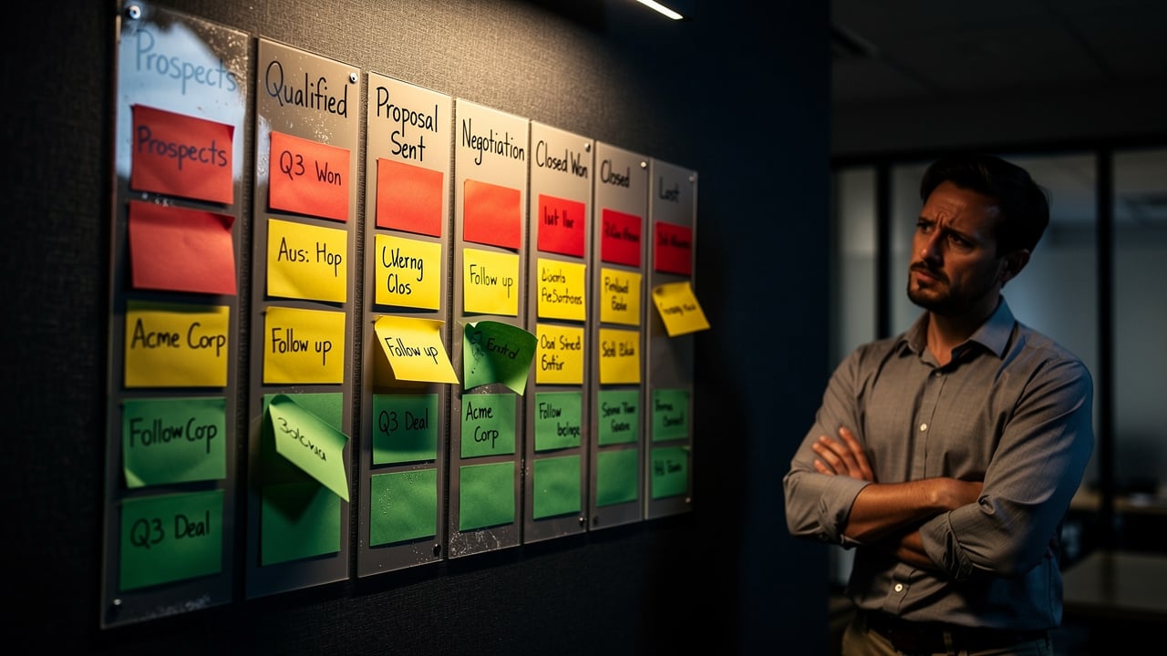 Disorganized lead pipeline board showing stalled conversion mistakes