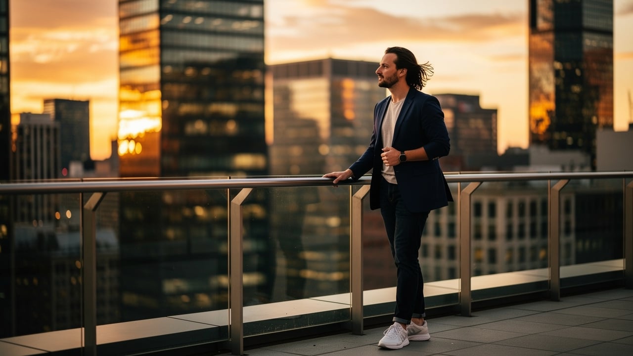 Startup founder with strategic vision overlooking city skyline