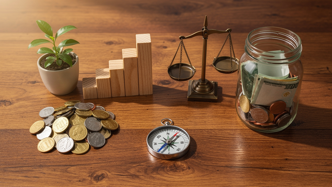 Desk flatlay representing balance between growth and profit