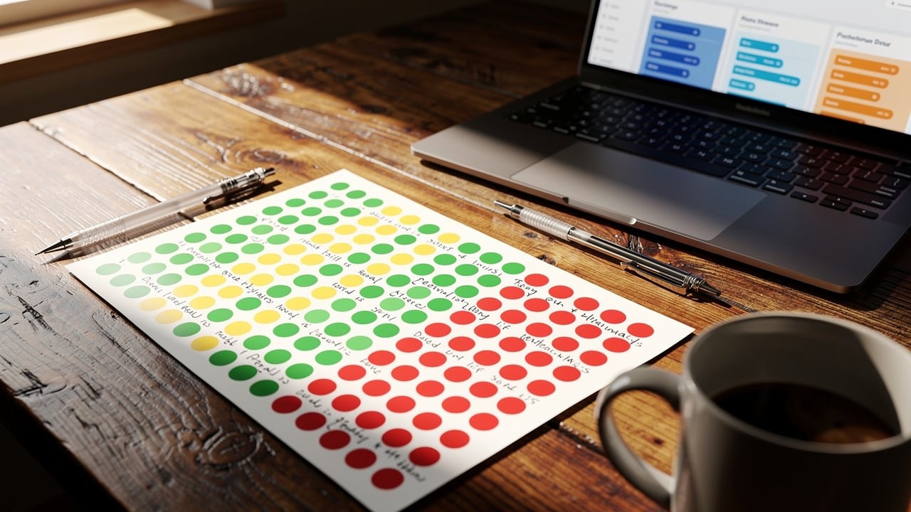 Lead scoring sheet and CRM dashboard on a professional desk