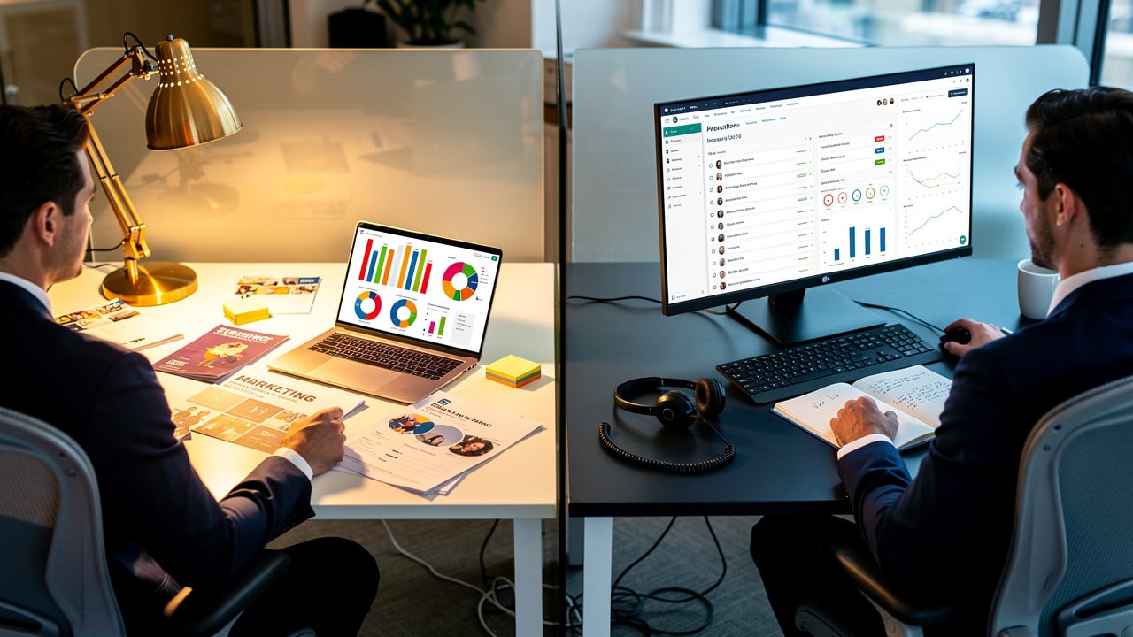 Marketing and sales team members working at separate desks in office