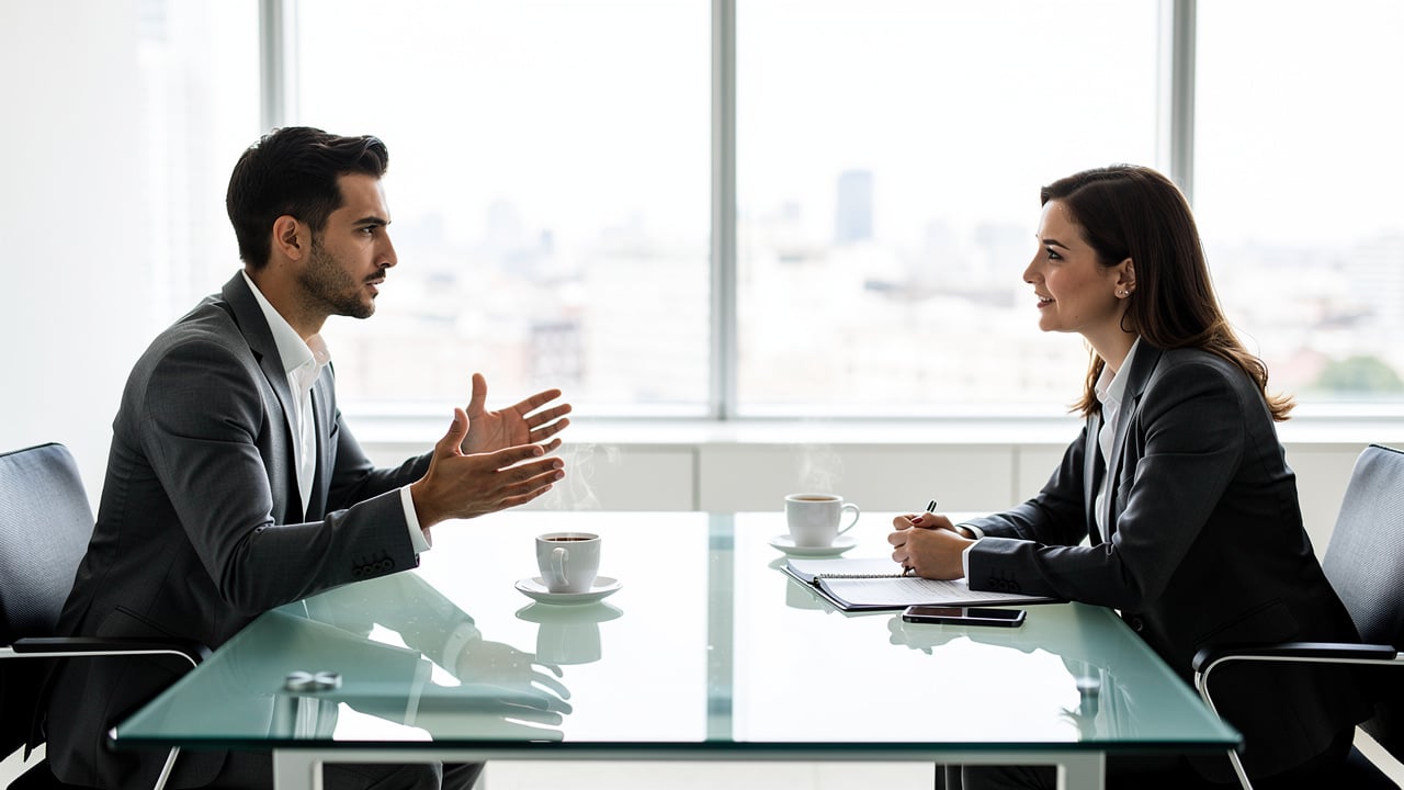 Manager interviewing confident sales job candidate
