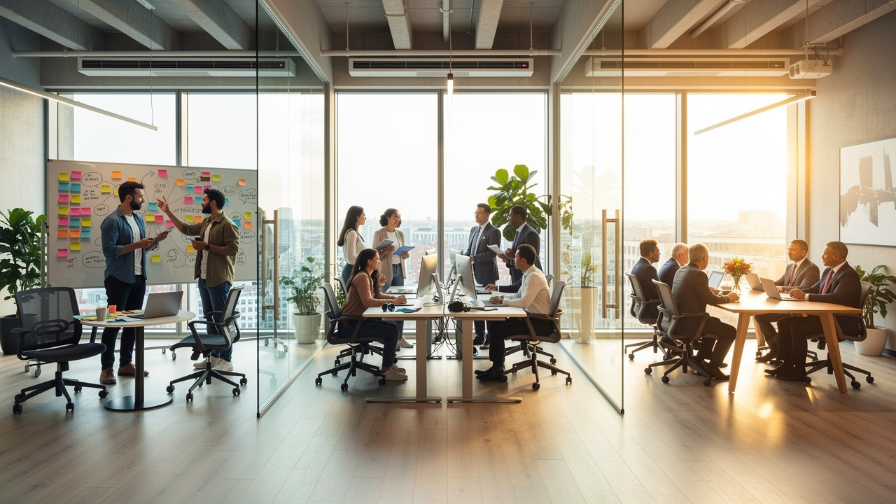 Three stages of startup growth in a modern workspace
