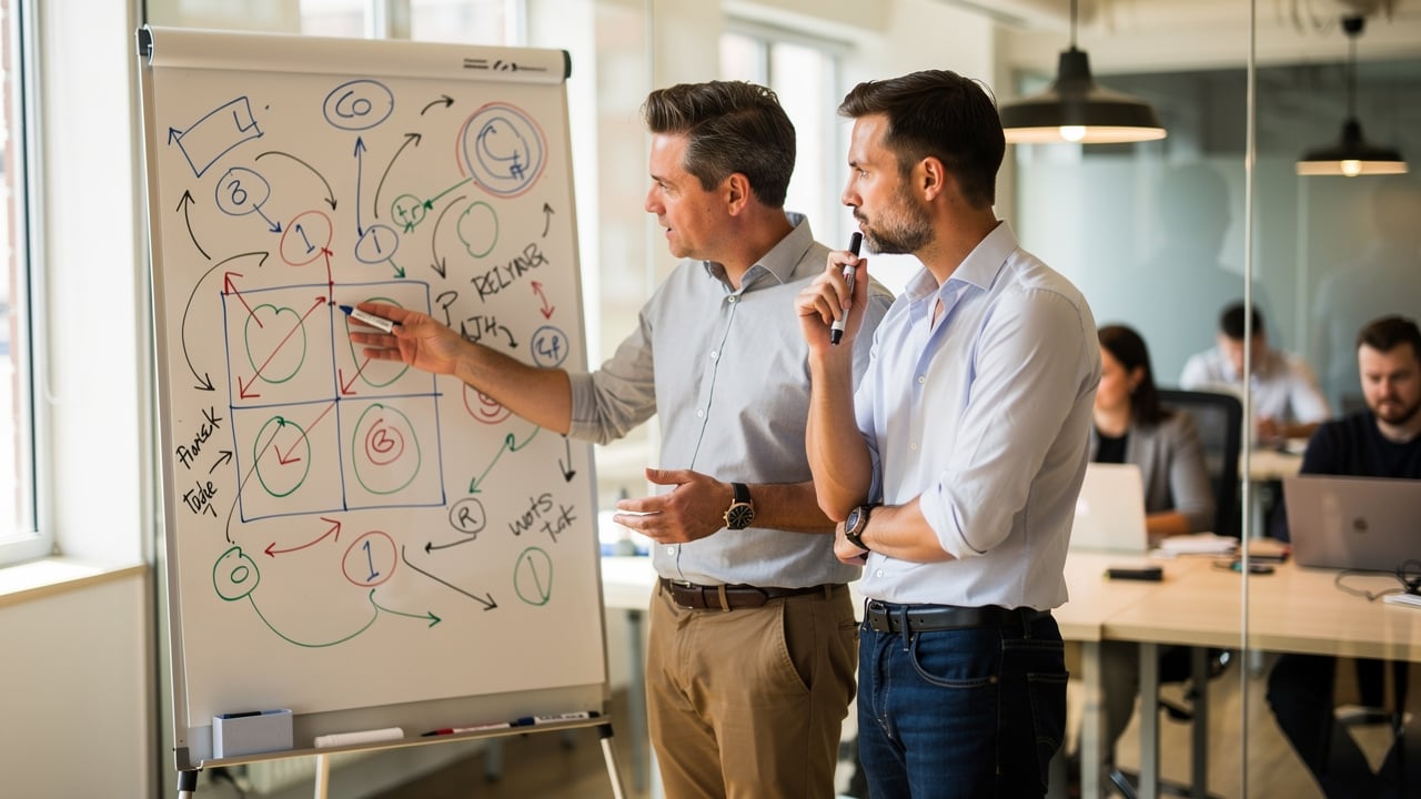 Startup founders choosing two marketing channels on whiteboard