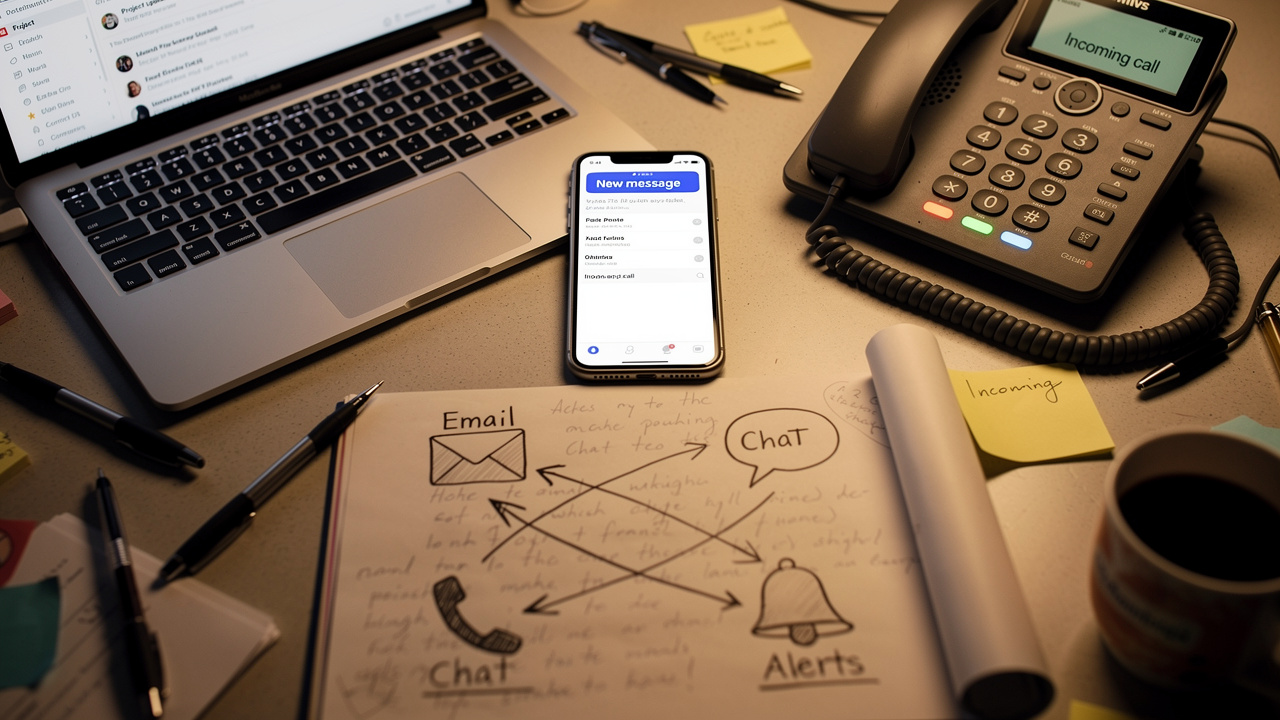 Desk with phone, laptop and notepad symbolizing communication channels