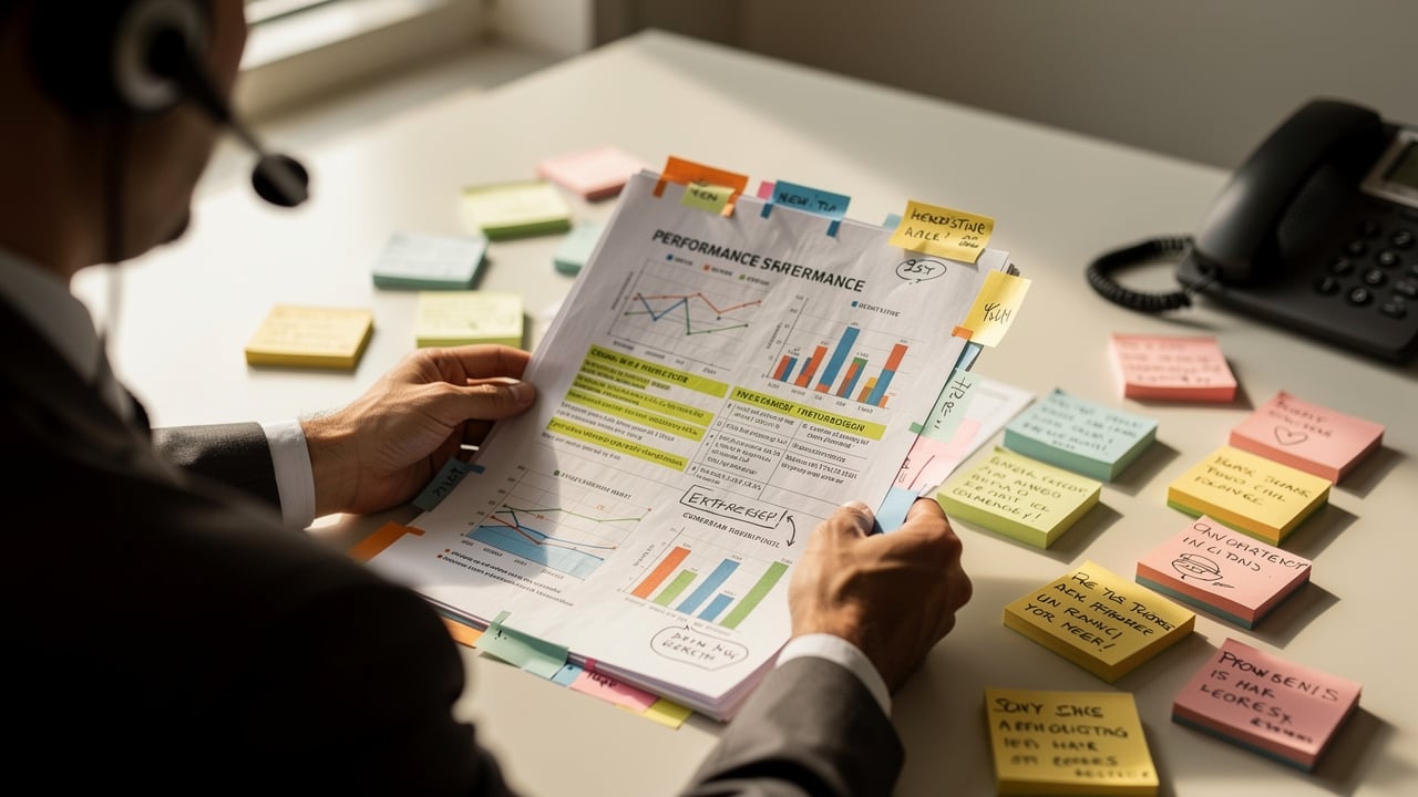 Manager reviewing documents to diagnose sales performance issue