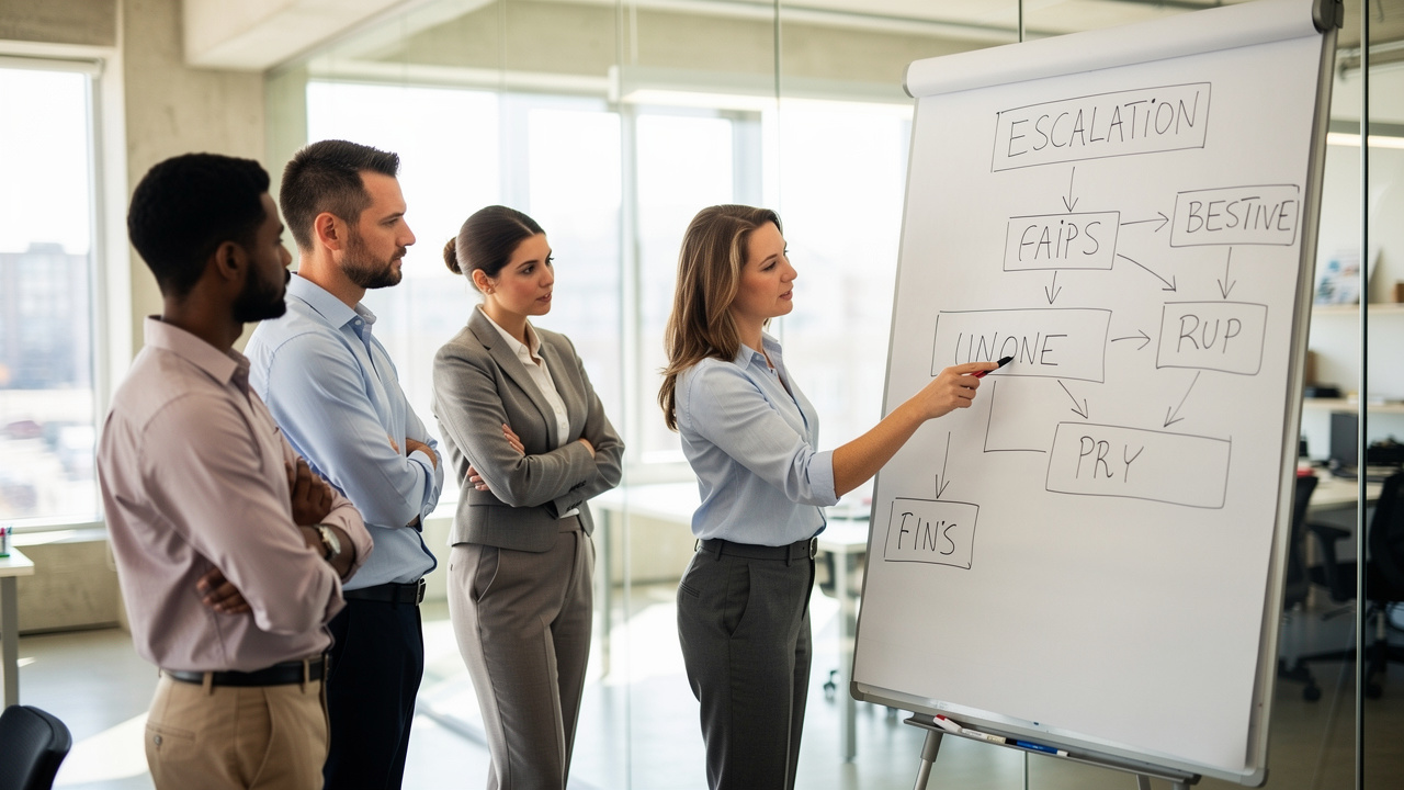 Team reviewing an escalation process on a whiteboard