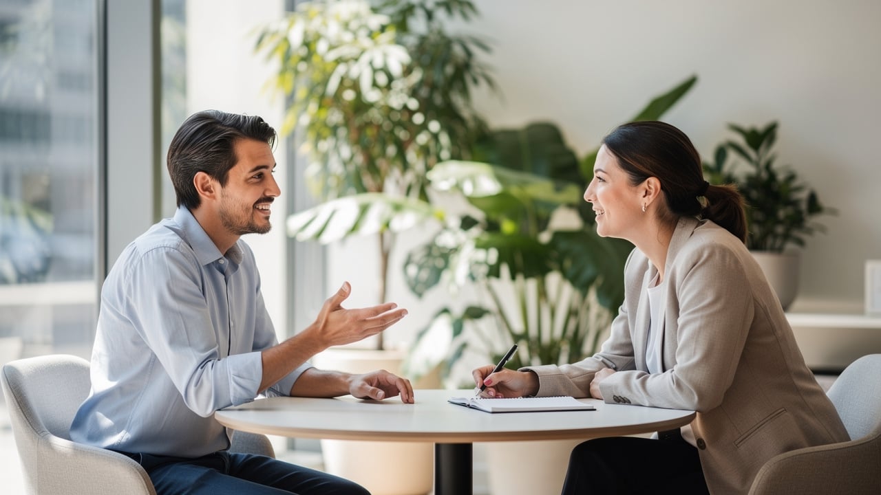 Founder and employee having a feedback check-in meeting