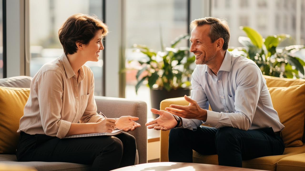 Two coworkers having a one-on-one check-in conversation