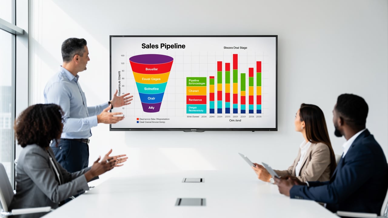 Team reviewing pipeline stage metrics on dashboard screen